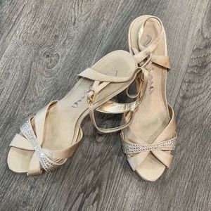 Mina Rhinestone Open Toe Heels, Gold/Tan, Size 8
